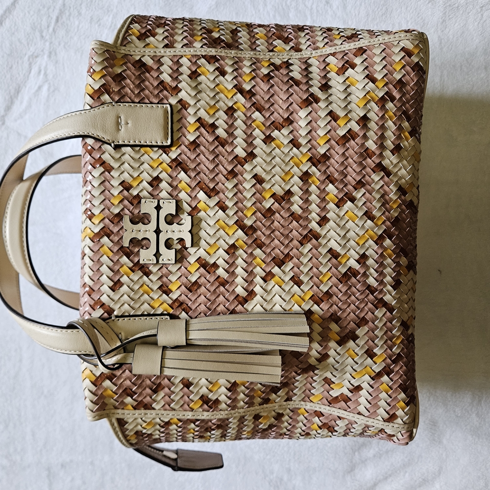 Tory Burch Kira Beige and Brown Woven Satchel with Gold Accents